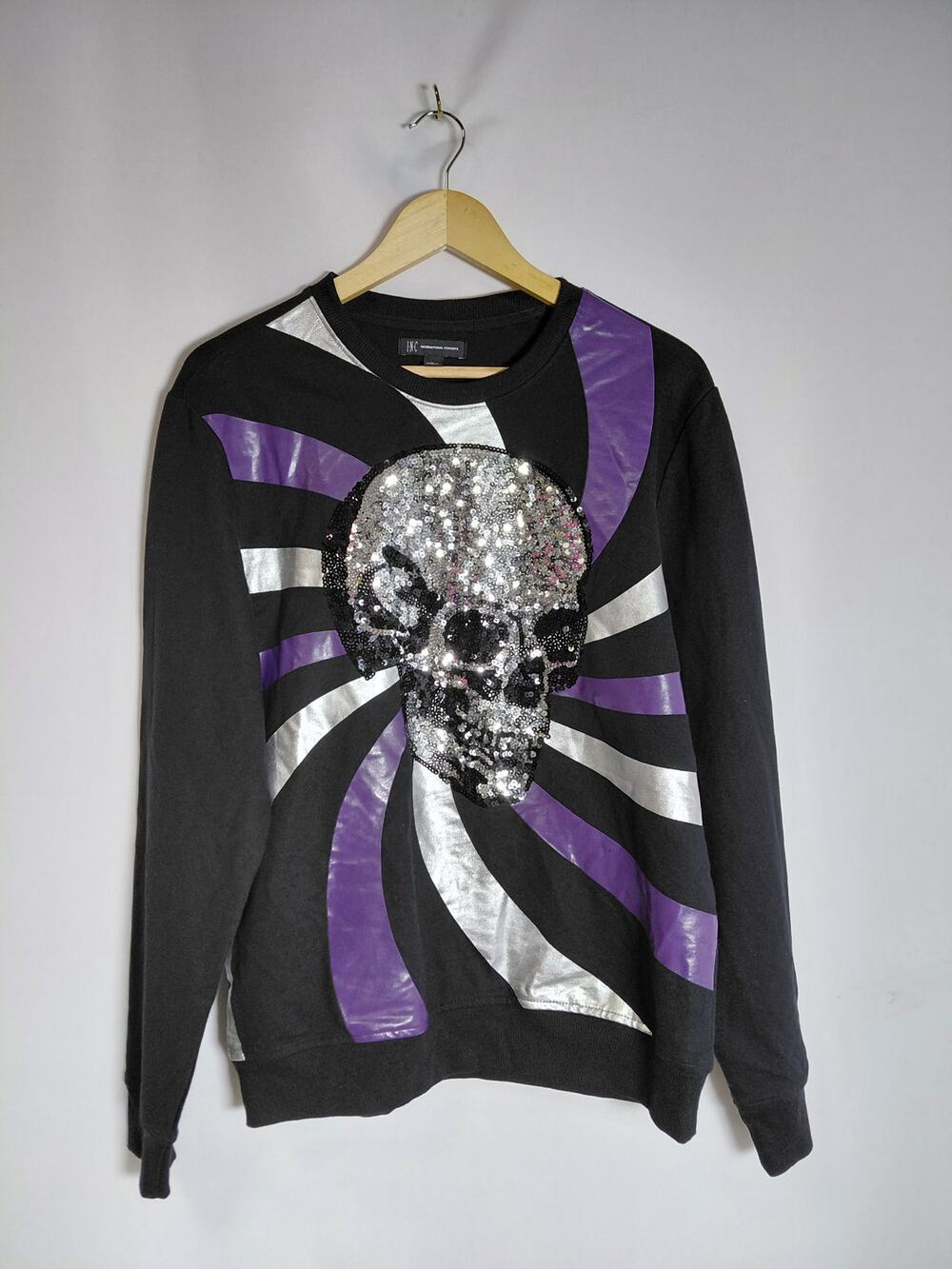 INC International Concepts Skull Graphic Sweatshirt Black Pullover Knit Size M